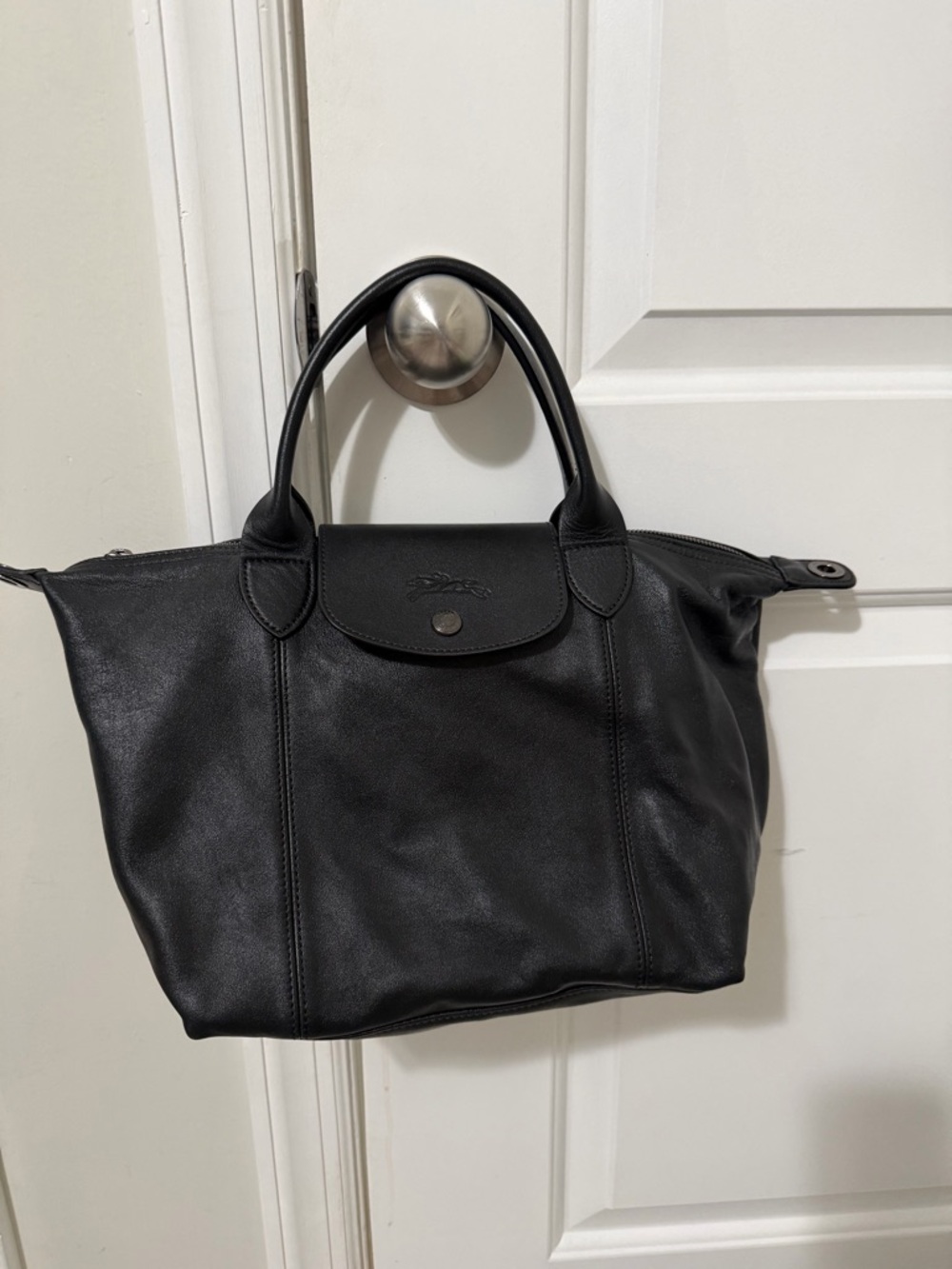 Authentic Longchamp Black Leather Handheld Tote with Flap Snap
